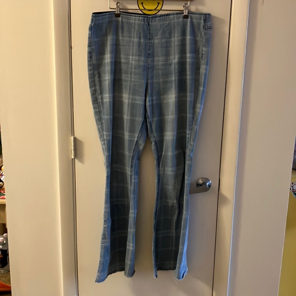 Plaid denim pants jeans XL 15 16 17 elastic waist flare